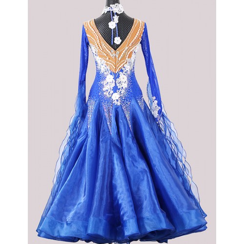 Custom size Competition royal blue diamond ballroom dance dresses for women girls waltz tango foxtort flamenco smooth dance long dresses for lady